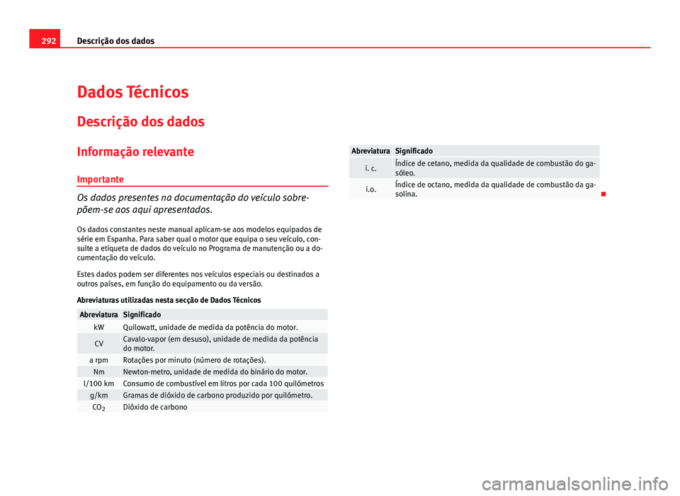Seat Altea 2012 Manual do proprietário (in Portuguese) 292Descrição dos dados
Dados Técnicos
Descrição dos dados
Informação relevanteImportante
Os dados presentes na documentação do veículo sobre-
põem-se aos aqui apresentados.
Os dados constan Seat Altea 2012 Manual do proprietário (in Portuguese) 292Descrição dos dados
Dados Técnicos
Descrição dos dados
Informação relevanteImportante
Os dados presentes na documentação do veículo sobre-
põem-se aos aqui apresentados.
Os dados constan