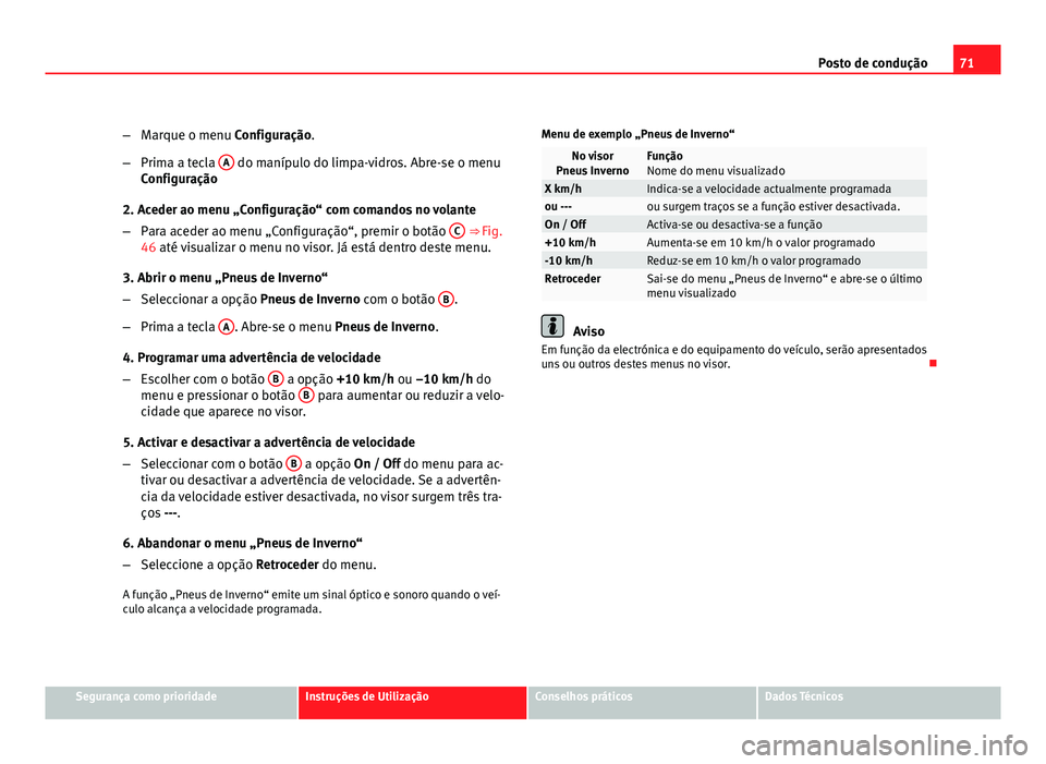 Seat Altea 2012 Manual do proprietário (in Portuguese) 71
Posto de condução
– Marque o menu Configuração.
– Prima a tecla A
do manípulo do limpa-vidros. Abre-se o menu
Configuração
2. Aceder ao menu „Configuração“ com comandos no volant Seat Altea 2012 Manual do proprietário (in Portuguese) 71
Posto de condução
– Marque o menu Configuração.
– Prima a tecla A
do manípulo do limpa-vidros. Abre-se o menu
Configuração
2. Aceder ao menu „Configuração“ com comandos no volant