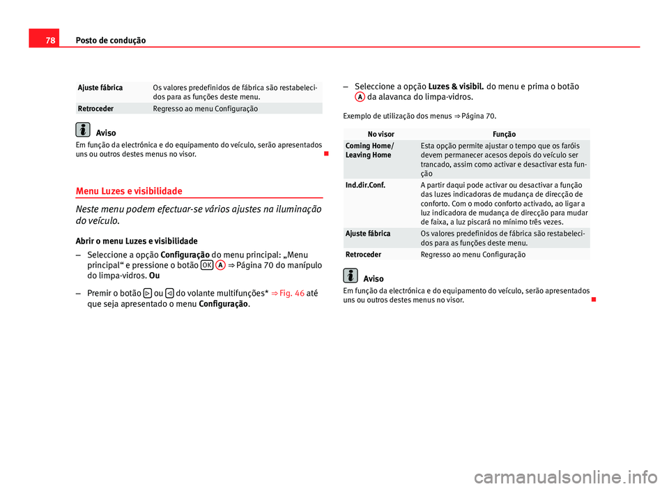 Seat Altea 2012 Manual do proprietário (in Portuguese) 78Posto de condução
Ajuste fábricaOs valores predefinidos de fábrica são restabeleci-
dos para as funções deste menu.
RetrocederRegresso ao menu Configuração
Aviso
Em função da electrónica Seat Altea 2012 Manual do proprietário (in Portuguese) 78Posto de condução
Ajuste fábricaOs valores predefinidos de fábrica são restabeleci-
dos para as funções deste menu.
RetrocederRegresso ao menu Configuração
Aviso
Em função da electrónica