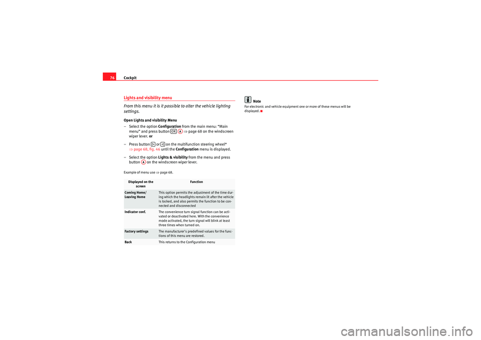Seat Altea 2011 Manual PDF Cockpit
76Lights and visibility menu
From this menu it is it possible to alter the vehicle lighting
settings.Open Lights and visibility Menu
– Select the option Configuration from the main menu: Seat Altea 2011 Manual PDF Cockpit
76Lights and visibility menu
From this menu it is it possible to alter the vehicle lighting
settings.Open Lights and visibility Menu
– Select the option Configuration from the main menu: