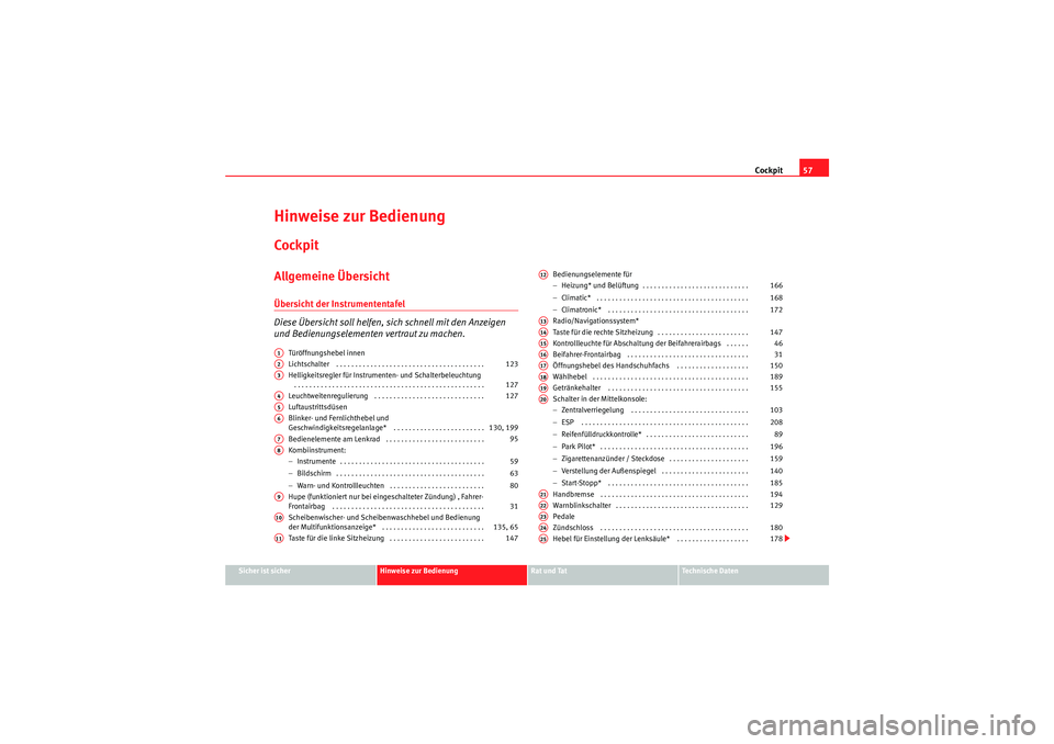 Seat Altea 2011  Betriebsanleitung (in German) Cockpit57
Sicher ist sicher
Hinweise zur Bedienung
Rat und Tat
Te c h n i s c h e  D a t e n
Hinweise zur BedienungCockpitAllgemeine ÜbersichtÜbersicht der Instrumententafel
Diese Übersicht soll he