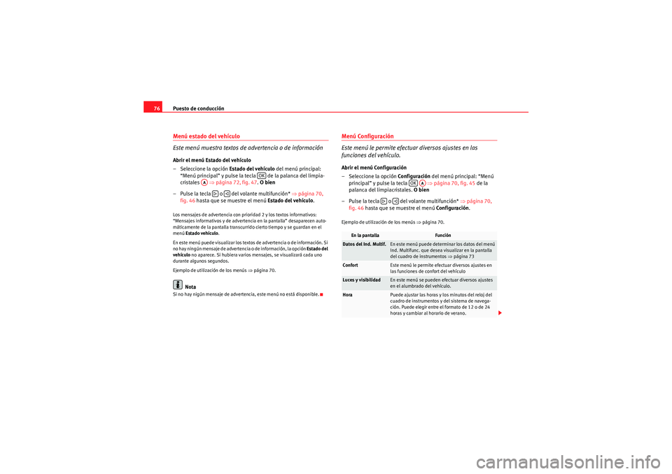 Seat Altea 2011 Manual del propietario (in Spanish) Puesto de conducción
76Menú estado del vehículo
Este menú muestra textos de advertencia o de informaciónAbrir el menú Estado del vehículo
– Seleccione la opción Estado del vehículo del me Seat Altea 2011 Manual del propietario (in Spanish) Puesto de conducción
76Menú estado del vehículo
Este menú muestra textos de advertencia o de informaciónAbrir el menú Estado del vehículo
– Seleccione la opción Estado del vehículo del me
