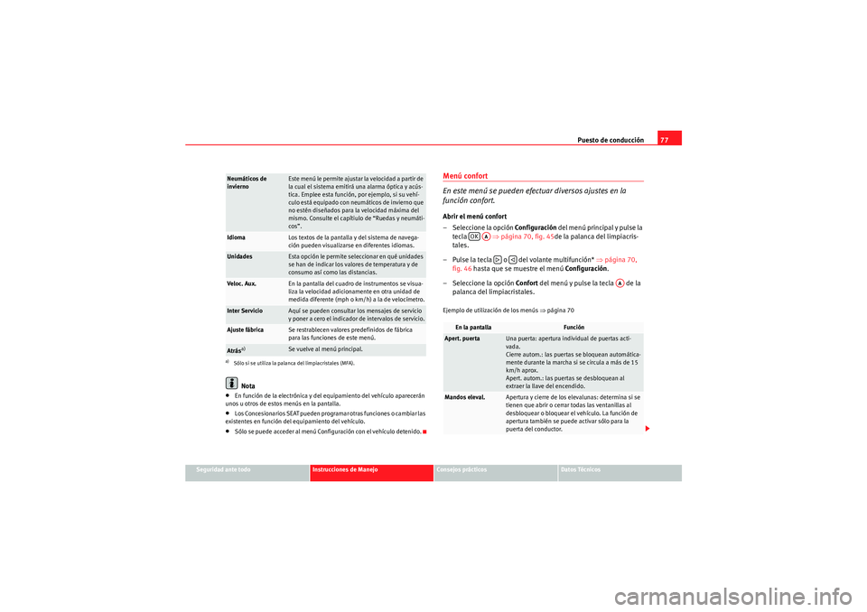 Seat Altea 2011 Manual del propietario (in Spanish) Puesto de conducción77
Seguridad ante todo
Instrucciones de Manejo
Consejos prácticos
Datos Técnicos
Nota
•En función de la electrónica y del equipamiento del vehículo aparecerán
unos u otro Seat Altea 2011 Manual del propietario (in Spanish) Puesto de conducción77
Seguridad ante todo
Instrucciones de Manejo
Consejos prácticos
Datos Técnicos
Nota
•En función de la electrónica y del equipamiento del vehículo aparecerán
unos u otro