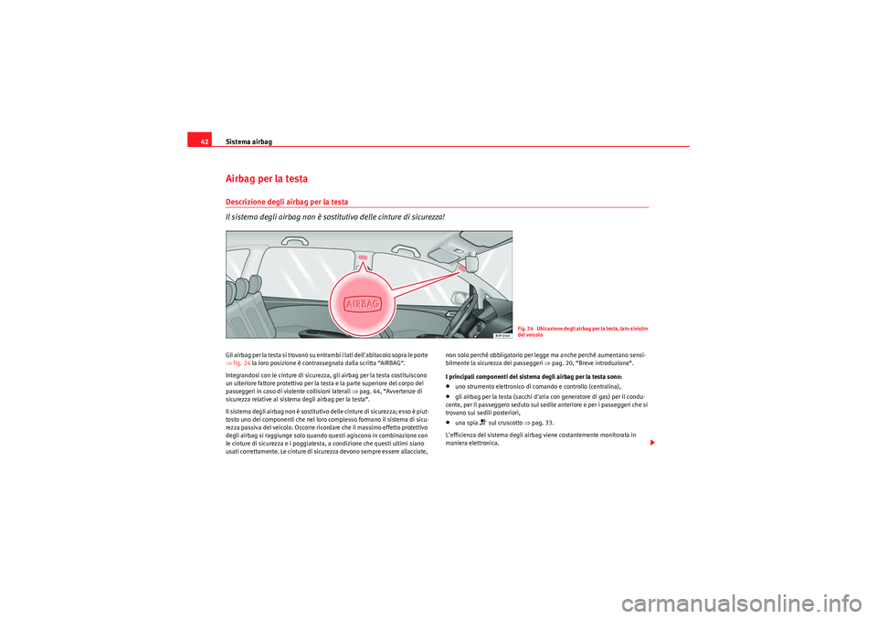 Seat Altea 2011  Manuale del proprietario (in Italian) Sistema airbag
42Airbag per la testaDescrizione degli airbag per la testa
Il sistema degli airbag non è sostitutivo delle cinture di sicurezza!Gli airbag per la testa si trovano su entrambi i lati de