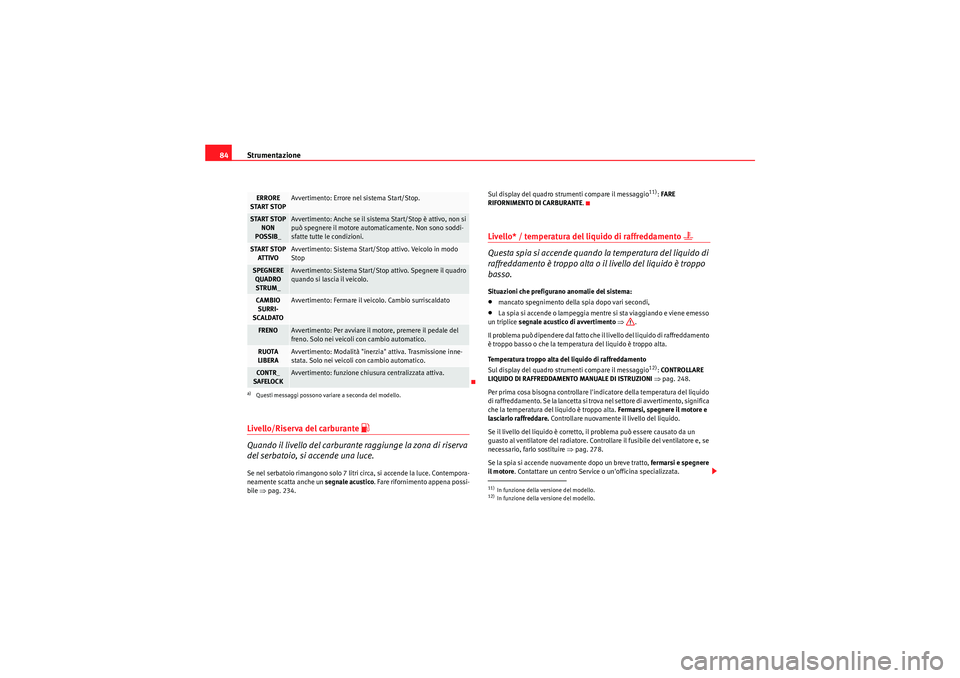 Seat Altea 2011  Manuale del proprietario (in Italian) Strumentazione
84Livello/Riserva del carburante 
�z
Quando il livello del carburante raggiunge la zona di riserva 
del serbatoio, si accende una luce.Se nel serbatoio rimangono solo 7 litri circa, si 