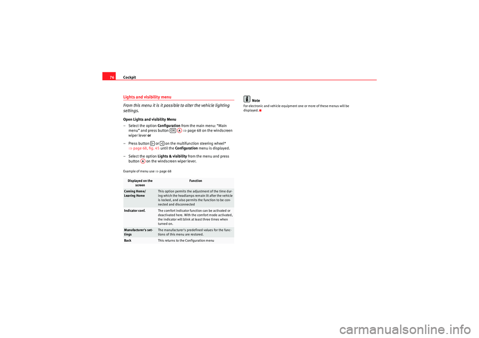 Seat Altea 2010  Owners Manual Cockpit
76Lights and visibility menu 
From this menu it is it possible to alter the vehicle lighting 
settings.Open Lights and visibility Menu
– Select the option  Configuration from the main menu: 