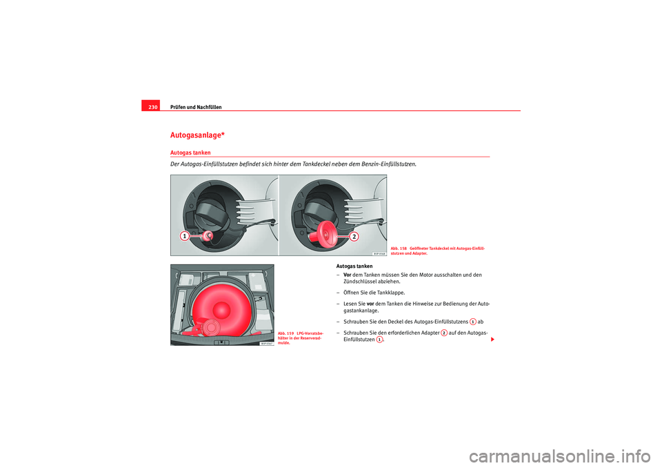 Seat Altea 2010  Betriebsanleitung (in German) Prüfen und Nachfüllen
230Autogasanlage*Autogas tanken
Der Autogas-Einfüllstutzen befindet sich hinter dem Tankdeckel neben dem Benzin-Einfüllstutzen.
Autogas tanken
– Vor  dem Tanken müssen Sie
