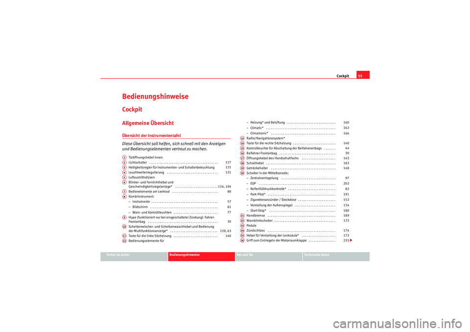 Seat Altea 2010 Betriebsanleitung (in German) Cockpit55
Sicher ist sicher
Bedienungshinweise
Rat und Tat
Technische Daten
BedienungshinweiseCockpitAllgemeine ÜbersichtÜbersicht der Instrumententafel
Diese Übersicht soll helfen, sich schnell mi Seat Altea 2010 Betriebsanleitung (in German) Cockpit55
Sicher ist sicher
Bedienungshinweise
Rat und Tat
Technische Daten
BedienungshinweiseCockpitAllgemeine ÜbersichtÜbersicht der Instrumententafel
Diese Übersicht soll helfen, sich schnell mi