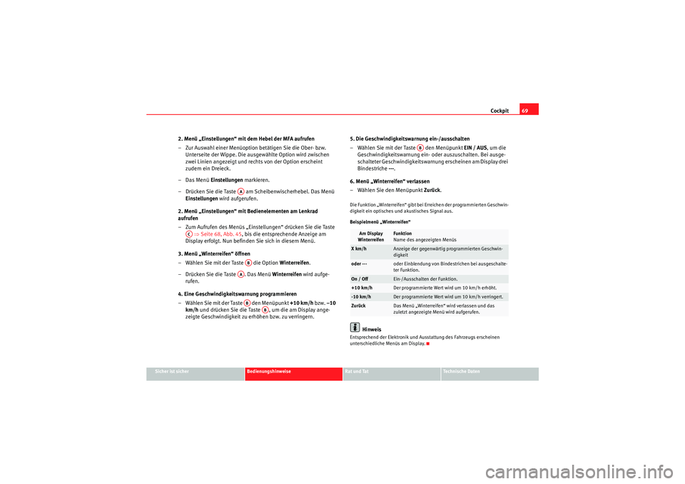 Seat Altea 2010 Betriebsanleitung (in German) Cockpit69
Sicher ist sicher
Bedienungshinweise
Rat und Tat
Technische Daten
2. Menü „Einstellungen“ mit dem Hebel der MFA aufrufen
– Zur Auswahl einer Menüoption betätigen Sie die Ober- bzw. Seat Altea 2010 Betriebsanleitung (in German) Cockpit69
Sicher ist sicher
Bedienungshinweise
Rat und Tat
Technische Daten
2. Menü „Einstellungen“ mit dem Hebel der MFA aufrufen
– Zur Auswahl einer Menüoption betätigen Sie die Ober- bzw.
