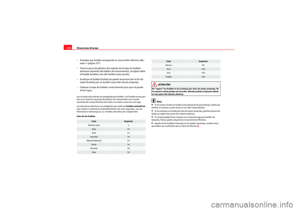 Seat Altea 2010 Manual del propietario (in Spanish) Situaciones diversas
274
– Averigüe que fusible corresponde al consumidor eléctrico afec-tado ⇒página 275.
– Tome la pinza de plástico del soporte de la tapa de fusibles (extremo izquierdo Seat Altea 2010 Manual del propietario (in Spanish) Situaciones diversas
274
– Averigüe que fusible corresponde al consumidor eléctrico afec-tado ⇒página 275.
– Tome la pinza de plástico del soporte de la tapa de fusibles (extremo izquierdo