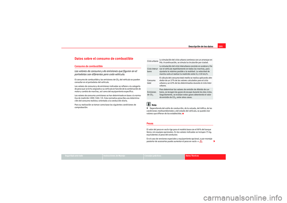 Seat Altea 2010 Manual del propietario (in Spanish) Descripción de los datos295
Seguridad ante todo
Instrucciones de Manejo
Consejos prácticos
Datos Técnicos
Datos sobre el consumo de combustibleConsumo de combustible
Los valores de consumo y de emi Seat Altea 2010 Manual del propietario (in Spanish) Descripción de los datos295
Seguridad ante todo
Instrucciones de Manejo
Consejos prácticos
Datos Técnicos
Datos sobre el consumo de combustibleConsumo de combustible
Los valores de consumo y de emi