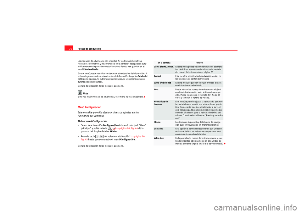 Seat Altea 2010 Manual del propietario (in Spanish) Puesto de conducción
76Los mensajes de advertencia con prioridad 2 y los textos informativos:
“Mensajes informativos y de advertencia en la pantalla” desaparecen auto-
máticamente de la pantall Seat Altea 2010 Manual del propietario (in Spanish) Puesto de conducción
76Los mensajes de advertencia con prioridad 2 y los textos informativos:
“Mensajes informativos y de advertencia en la pantalla” desaparecen auto-
máticamente de la pantall