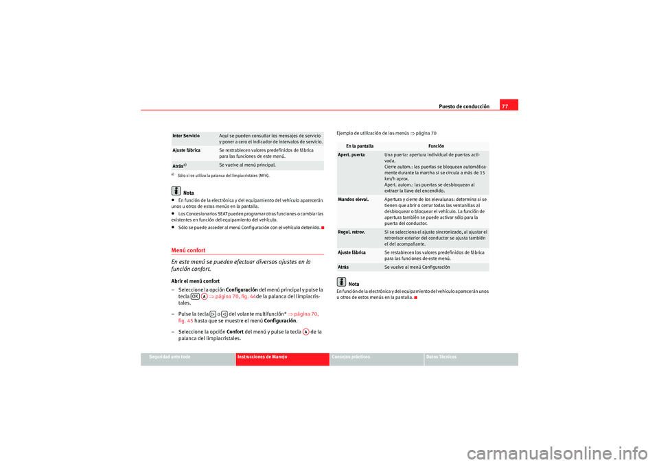Seat Altea 2010 Manual del propietario (in Spanish) Puesto de conducción77
Seguridad ante todo
Instrucciones de Manejo
Consejos prácticos
Datos Técnicos
Nota
•En función de la electrónica y del equipamiento del vehículo aparecerán
unos u otro Seat Altea 2010 Manual del propietario (in Spanish) Puesto de conducción77
Seguridad ante todo
Instrucciones de Manejo
Consejos prácticos
Datos Técnicos
Nota
•En función de la electrónica y del equipamiento del vehículo aparecerán
unos u otro