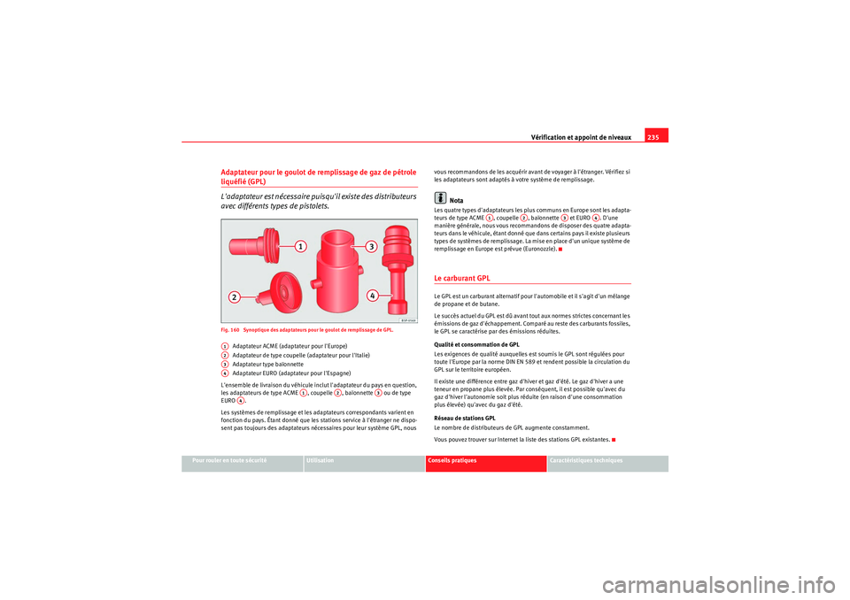 Seat Altea 2010 Manuel du propriétaire (in French) Vérification et appoint de niveaux235
Pour rouler en toute sécurité
Utilisation
Conseils pratiques
Caractéristiques techniques
Adaptateur pour le goulot de remplissage de gaz de pétrole liquéfià Seat Altea 2010 Manuel du propriétaire (in French) Vérification et appoint de niveaux235
Pour rouler en toute sécurité
Utilisation
Conseils pratiques
Caractéristiques techniques
Adaptateur pour le goulot de remplissage de gaz de pétrole liquéfiÃ