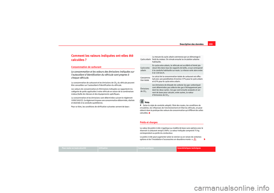 Seat Altea 2010 Manuel du propriétaire (in French) Description des données299
Pour rouler en toute sécurité
Utilisation
Conseils pratiques
Caractéristiques techniques
Comment les valeurs indiquées ont-elles été
calculées ?Consommation de carb Seat Altea 2010 Manuel du propriétaire (in French) Description des données299
Pour rouler en toute sécurité
Utilisation
Conseils pratiques
Caractéristiques techniques
Comment les valeurs indiquées ont-elles été
calculées ?Consommation de carb