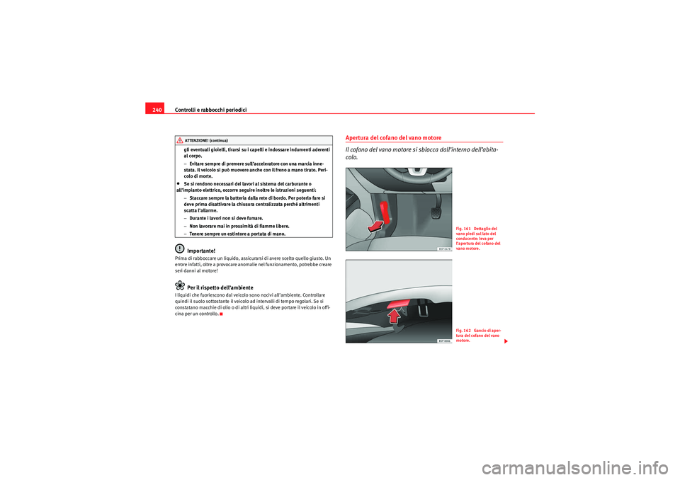 Seat Altea 2010  Manuale del proprietario (in Italian) Controlli e rabbocchi periodici
240
gli eventuali gioielli, tirarsi su i capelli e indossare indumenti aderenti 
al corpo.
− Evitare sempre di premere sull’acceleratore con una marcia inne-
stata.