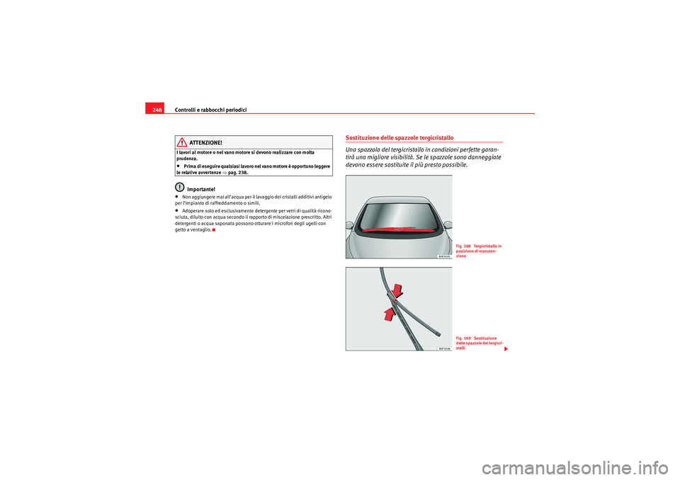 Seat Altea 2010  Manuale del proprietario (in Italian) Controlli e rabbocchi periodici
248
ATTENZIONE!
I lavori al motore o nel vano motore si devono realizzare con molta 
prudenza.•Prima di eseguire qualsiasi lavoro nel vano motore è opportuno leggere