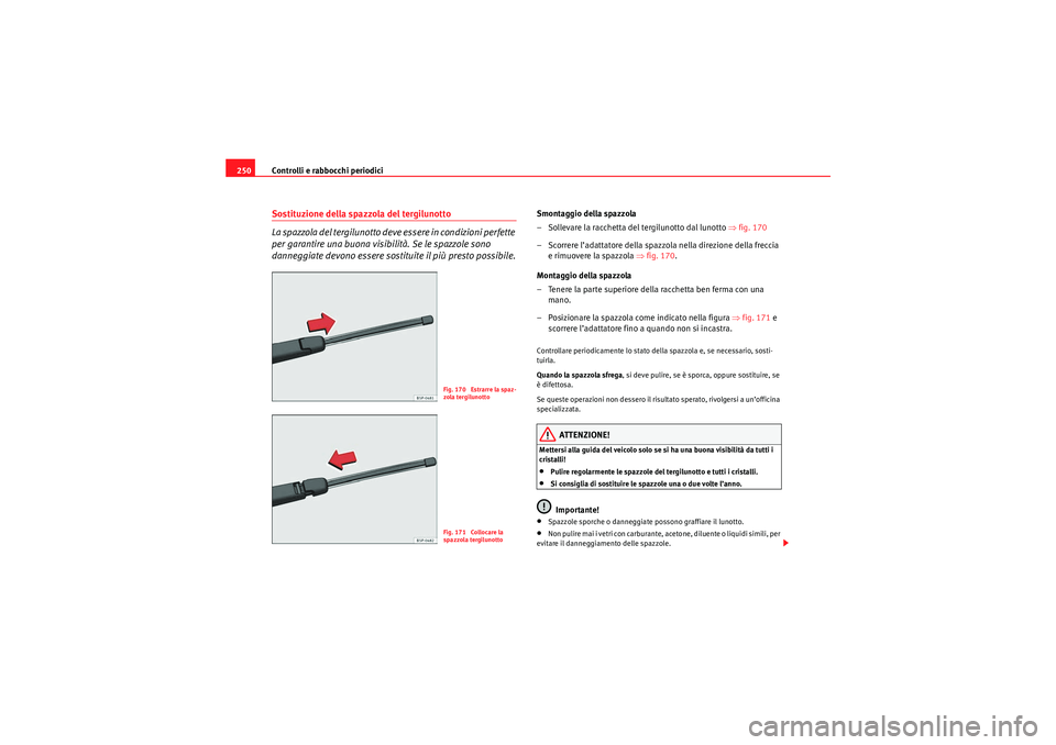 Seat Altea 2010  Manuale del proprietario (in Italian) Controlli e rabbocchi periodici
250Sostituzione della spazzola del tergilunotto
La spazzola del tergilunotto deve essere in condizioni perfette 
per garantire una buona visibilità. Se le spazzole son