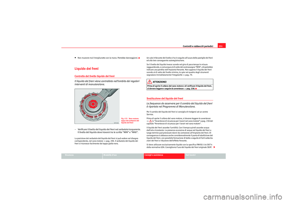 Seat Altea 2010  Manuale del proprietario (in Italian) Controlli e rabbocchi periodici251
Sicurezza
Modalità d’uso
Consigli e assistenza
Dati tecnici
•Non muovere mai il tergilunotto con la mano. Potrebbe danneggiarsi.Liquido dei freniControllo del l
