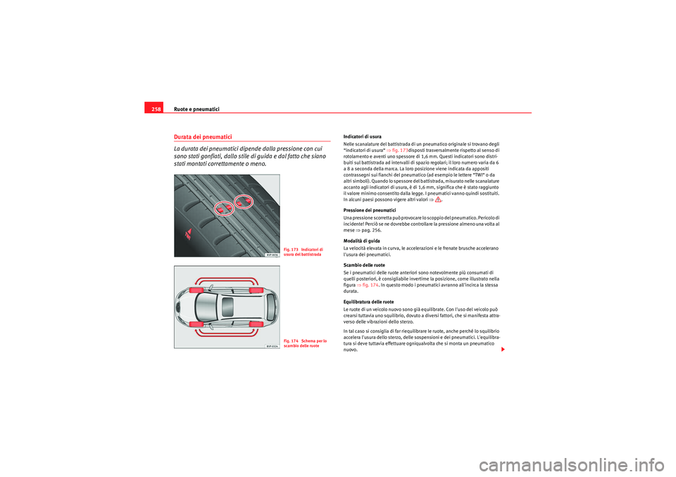 Seat Altea 2010  Manuale del proprietario (in Italian) Ruote e pneumatici
258Durata dei pneumatici 
La durata dei pneumatici dipende dalla pressione con cui 
sono stati gonfiati, dallo stile di guida e dal fatto che siano 
stati montati correttamente o me