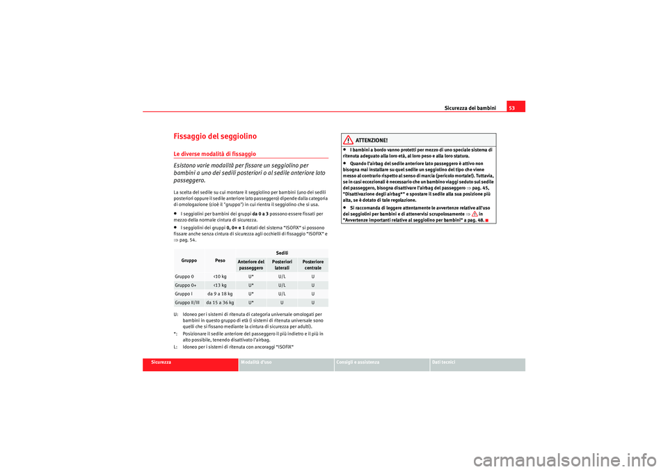 Seat Altea 2010 Manuale del proprietario (in Italian) Sicurezza dei bambini53
Sicurezza
Modalità d’uso
Consigli e assistenza
Dati tecnici
Fissaggio del seggiolinoLe diverse modalità di fissaggio
Esistono varie modalità per fissare un seggiolino per Seat Altea 2010 Manuale del proprietario (in Italian) Sicurezza dei bambini53
Sicurezza
Modalità d’uso
Consigli e assistenza
Dati tecnici
Fissaggio del seggiolinoLe diverse modalità di fissaggio
Esistono varie modalità per fissare un seggiolino per