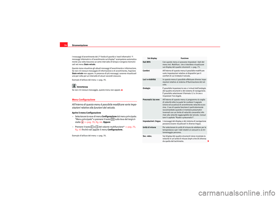 Seat Altea 2010  Manuale del proprietario (in Italian) Strumentazione
76I messaggi d’avvertimento del 2° livello di gravità e i testi informativi: “I 
messaggi informativi e d’avvertimento sul display“ scompaiono automatica-
mente una volta tras