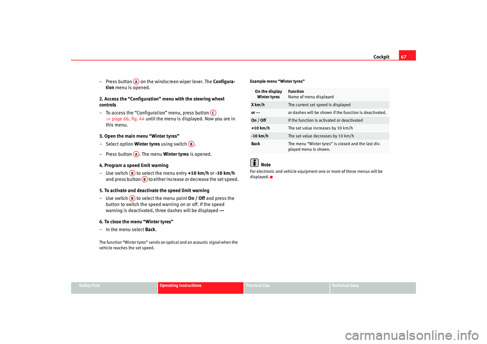 Seat Altea 2009 Repair Manual Cockpit67
Safety First
Operating instructions
Practical tips
Te c h n i c a l D a t a
– Press button on the windscreen wiper lever. The Configura-
tion menu is opened.
2. Access the “Configur Seat Altea 2009 Repair Manual Cockpit67
Safety First
Operating instructions
Practical tips
Te c h n i c a l D a t a
– Press button on the windscreen wiper lever. The Configura-
tion menu is opened.
2. Access the “Configur