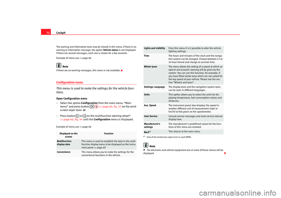 Seat Altea 2009  Owners Manual Cockpit
72The warning and information texts may be viewed in this menu. If there is no 
warning or information message, the option  Vehicle status is not displayed. 
If there are several messages, eac