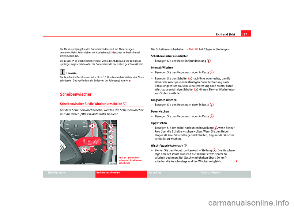 Seat Altea 2009 Betriebsanleitung (in German) Licht und Sicht127
Sicher ist sicher
Bedienungshinweise
Rat und Tat
Technische Daten
Die Make-up-Spiegel in den Sonne
nblenden sind mit Abdeckungen
versehen. Beim Aufschieben der Ab deckung leuchte Seat Altea 2009 Betriebsanleitung (in German) Licht und Sicht127
Sicher ist sicher
Bedienungshinweise
Rat und Tat
Technische Daten
Die Make-up-Spiegel in den Sonne
nblenden sind mit Abdeckungen
versehen. Beim Aufschieben der Ab deckung leuchte
