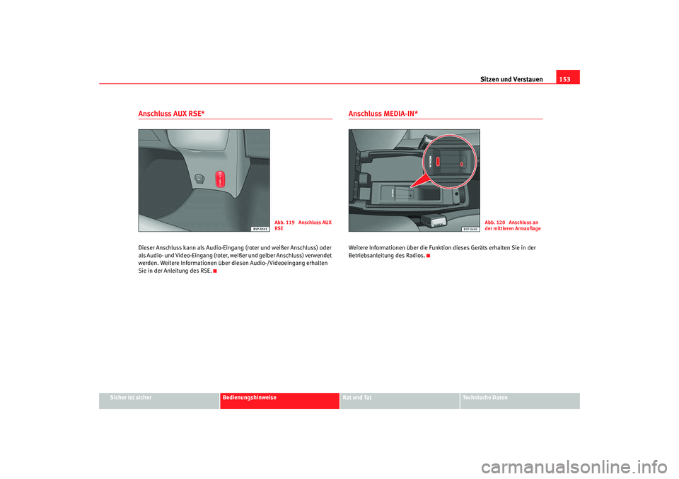 Seat Altea 2009 Betriebsanleitung (in German) Sitzen und Verstauen153
Sicher ist sicher
Bedienungshinweise
Rat und Tat
Technische Daten
Anschluss AUX RSE*Dieser Anschluss kann als Audio-Eingang (roter und weißer Anschluss) oder
als Audio- und Seat Altea 2009 Betriebsanleitung (in German) Sitzen und Verstauen153
Sicher ist sicher
Bedienungshinweise
Rat und Tat
Technische Daten
Anschluss AUX RSE*Dieser Anschluss kann als Audio-Eingang (roter und weißer Anschluss) oder
als Audio- und