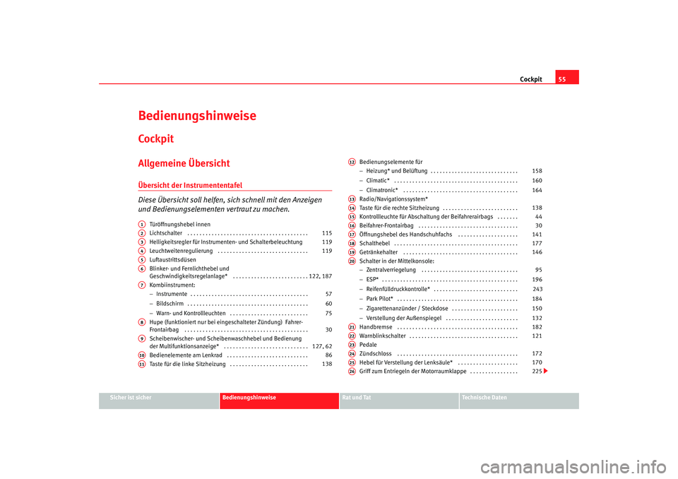 Seat Altea 2009 Betriebsanleitung (in German) Cockpit55
Sicher ist sicher
Bedienungshinweise
Rat und Tat
Technische Daten
BedienungshinweiseCockpitAllgemeine ÜbersichtÜbersicht der Instrumententafel
Diese Übersicht soll helfen, si ch schnell m Seat Altea 2009 Betriebsanleitung (in German) Cockpit55
Sicher ist sicher
Bedienungshinweise
Rat und Tat
Technische Daten
BedienungshinweiseCockpitAllgemeine ÜbersichtÜbersicht der Instrumententafel
Diese Übersicht soll helfen, si ch schnell m