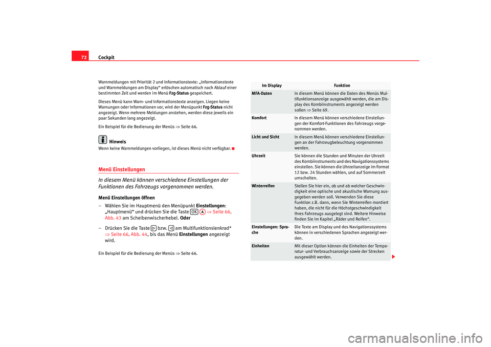 Seat Altea 2009  Betriebsanleitung (in German) Cockpit
72Warnmeldungen mit Priorität 2 und Info rmationstexte: „Informationstexte 
und Warnmeldungen am Display“ erlöschen automatisch nach Ablauf einer 
bestimmten Zeit und werden im Menü  Fz