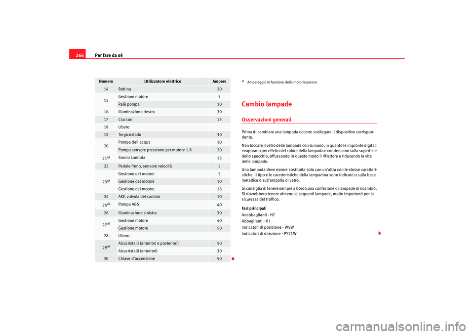 Seat Altea 2009  Manuale del proprietario (in Italian) Per fare da sé
266
Cambio lampadeOsservazioni generaliPrima di cambiare una lampada occorre scollegare il dispositivo corrispon-
dente.
Non toccare il vetro delle lampade con la mano, in quanto le im