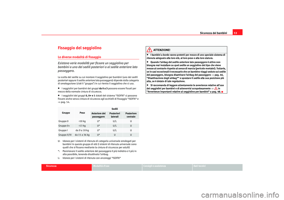 Seat Altea 2009 Manuale del proprietario (in Italian) Sicurezza dei bambini53
Sicurezza
Modalità duso
Consigli e assistenza
Dati tecnici
Fissaggio del seggiolinoLe diverse modalità di fissaggio
Esistono varie modalità per fissare un seggiolino per
b Seat Altea 2009 Manuale del proprietario (in Italian) Sicurezza dei bambini53
Sicurezza
Modalità duso
Consigli e assistenza
Dati tecnici
Fissaggio del seggiolinoLe diverse modalità di fissaggio
Esistono varie modalità per fissare un seggiolino per
b