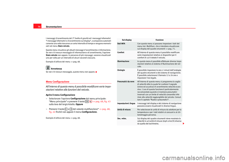 Seat Altea 2009 Manuale del proprietario (in Italian) Strumentazione
74I messaggi davvertimento del 2° livello di gravità ed i messaggi informativi
“I messaggi informativi e davvertimento sul display“, scompaiono automati-
camente una volta tras Seat Altea 2009 Manuale del proprietario (in Italian) Strumentazione
74I messaggi davvertimento del 2° livello di gravità ed i messaggi informativi
“I messaggi informativi e davvertimento sul display“, scompaiono automati-
camente una volta tras