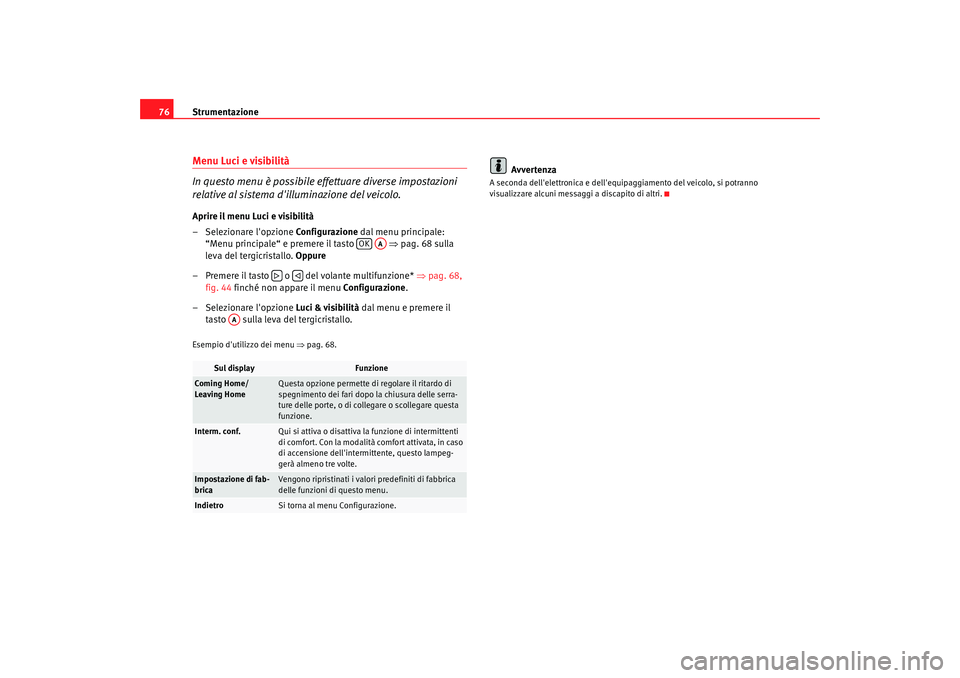 Seat Altea 2009 Manuale del proprietario (in Italian) Strumentazione
76Menu Luci e visibilità
In questo menu è possibile effettuare diverse impostazioni
relative al sistema dilluminazione del veicolo.Aprire il menu Luci e visibilità
– Selezionare Seat Altea 2009 Manuale del proprietario (in Italian) Strumentazione
76Menu Luci e visibilità
In questo menu è possibile effettuare diverse impostazioni
relative al sistema dilluminazione del veicolo.Aprire il menu Luci e visibilità
– Selezionare