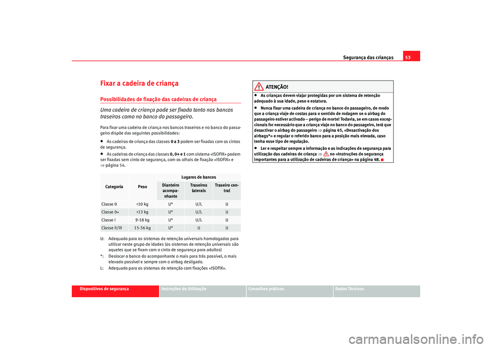 Seat Altea 2009 Manual do proprietário (in Portuguese) Segurança das crianças53
Dispositivos de segurança
Instruções de Utilização
Conselhos práticos
Dados Técnicos
Fixar a cadeira de criançaPossibilidades de fixação das cadeiras de criança
U Seat Altea 2009 Manual do proprietário (in Portuguese) Segurança das crianças53
Dispositivos de segurança
Instruções de Utilização
Conselhos práticos
Dados Técnicos
Fixar a cadeira de criançaPossibilidades de fixação das cadeiras de criança
U