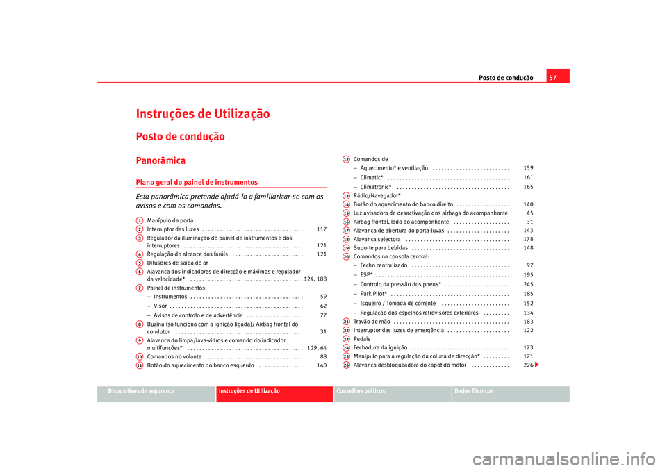 Seat Altea 2009 Manual do proprietário (in Portuguese) Posto de condução57
Dispositivos de segurança
Instruções de Utilização
Conselhos práticos
Dados Técnicos
Instruções de UtilizaçãoPosto de conduçãoPanorâmicaPlano geral do painel de ins Seat Altea 2009 Manual do proprietário (in Portuguese) Posto de condução57
Dispositivos de segurança
Instruções de Utilização
Conselhos práticos
Dados Técnicos
Instruções de UtilizaçãoPosto de conduçãoPanorâmicaPlano geral do painel de ins