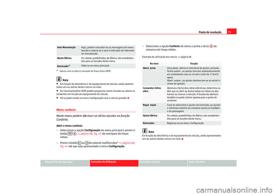 Seat Altea 2009 Manual do proprietário (in Portuguese) Posto de condução75
Dispositivos de segurança
Instruções de Utilização
Conselhos práticos
Dados Técnicos
Nota
•
Em função da electrónica e do equipamento do veículo, serão apresen-
tad Seat Altea 2009 Manual do proprietário (in Portuguese) Posto de condução75
Dispositivos de segurança
Instruções de Utilização
Conselhos práticos
Dados Técnicos
Nota
•
Em função da electrónica e do equipamento do veículo, serão apresen-
tad