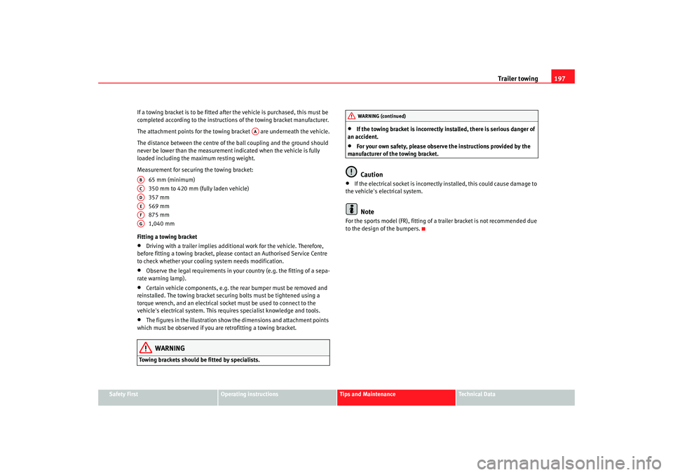 Seat Altea 2008 Owners Guide Trailer towing197
Safety First
Operating instructions
Tips and Maintenance
Te c h n i c a l  D a t a
If a towing bracket is to be fitted after the vehicle is purchased, this must be 
completed accordi