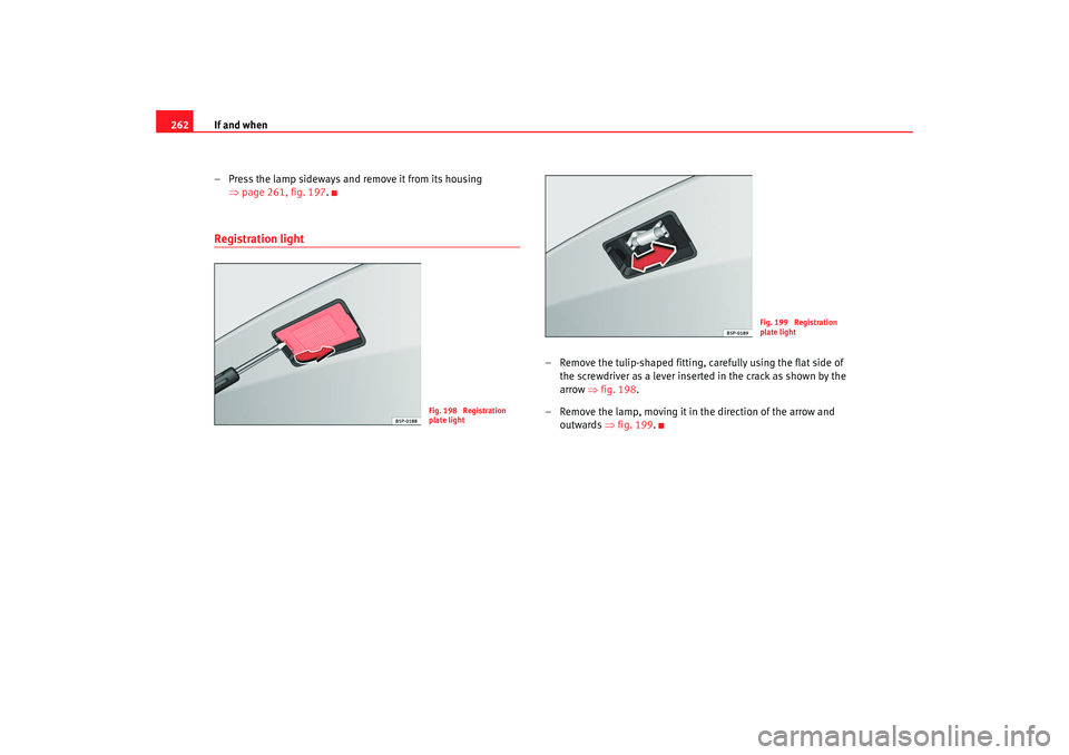 Seat Altea 2008  Owners Manual If and when
262
– Press the lamp sideways and remove it from its housing ⇒page 261, fig. 197 .Registration light
– Remove the tulip-shaped fitting, carefully using the flat side of 
the screwdri