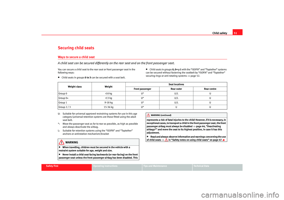 Seat Altea 2008 Workshop Manual Child safety51
Safety First
Operating instructions
Tips and Maintenance
Te c h n i c a l  D a t a
Securing child seatsWays to secure a child seat
A child seat can be secured differently on th e rear s