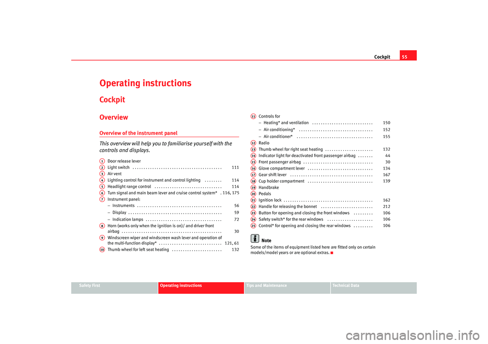 Seat Altea 2008 Workshop Manual Cockpit55
Safety First
Operating instructions
Tips and Maintenance
Te c h n i c a l  D a t a
Operating instructionsCockpitOverviewOverview of the instrument panel
This overview will help you to  famil
