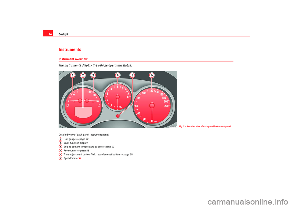 Seat Altea 2008 Workshop Manual Cockpit
56InstrumentsInstrument overview
The instruments display the vehicle operating status.Detailed view of dash panel instrument panel
Fuel gauge ⇒ page 57
Multi-function display
Engine coolant 