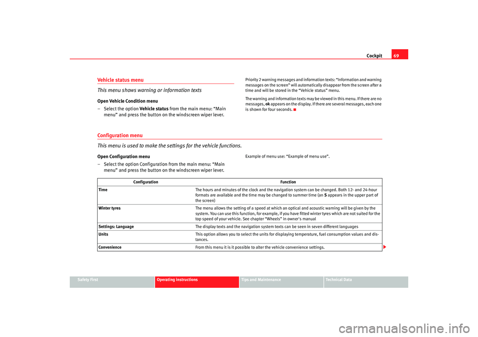 Seat Altea 2008  Owners Manual Cockpit69
Safety First
Operating instructions
Tips and Maintenance
Te c h n i c a l  D a t a
Vehicle status menu 
This menu shows warning or information textsOpen Vehicle Condition menu
– Select the