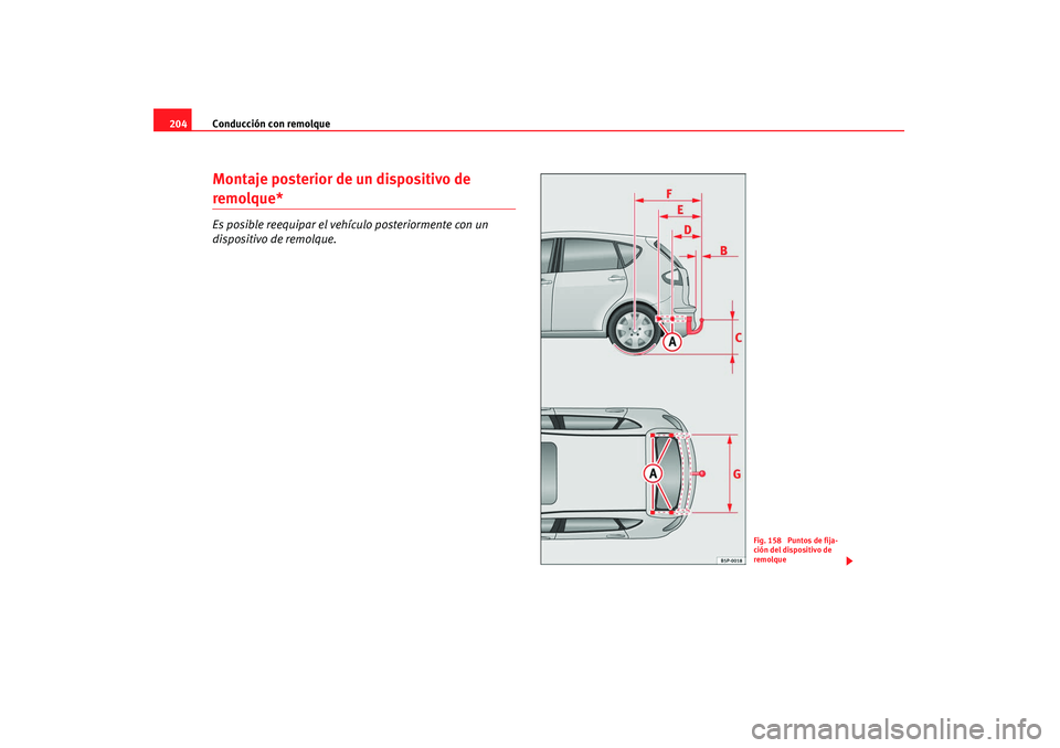 Seat Altea 2008  Manual del propietario (in Spanish) Conducción con remolque
204Montaje posterior de un dispositivo de remolque*Es posible reequipar el vehículo posteriormente con un 
dispositivo de remolque.
Fig. 158  Puntos de fija-
ción del dispos