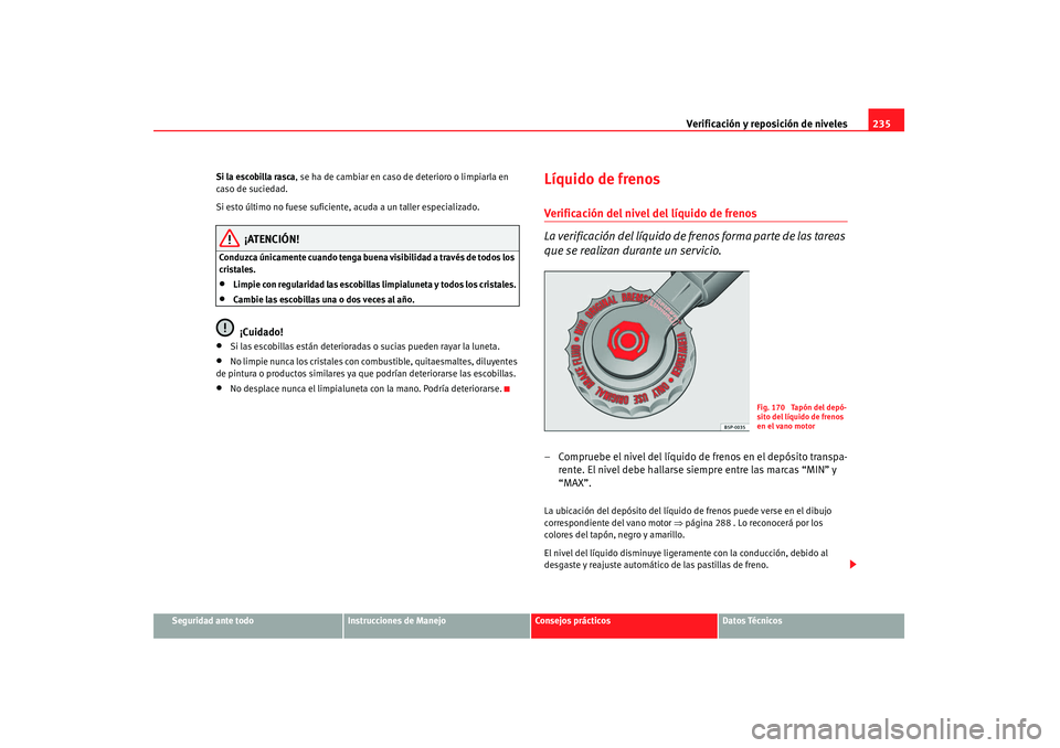 Seat Altea 2008  Manual del propietario (in Spanish) Verificación y reposición de niveles235
Seguridad ante todo
Instrucciones de Manejo
Consejos prácticos
Datos Técnicos
Si la escobilla rasca, se ha de cambiar en caso 
de deterioro o limpiarla en 
