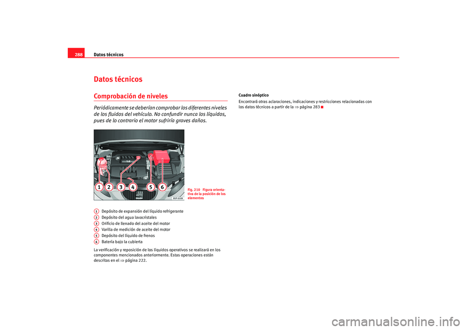 Seat Altea 2008  Manual del propietario (in Spanish) Datos técnicos
288Datos técnicosComprobación de nivelesPeriódicamente se deberían co mprobar los diferentes niveles 
de los fluidos del vehículo. No confundir nunca los líquidos, 
pues de lo co