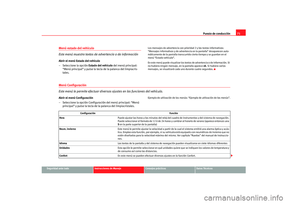 Seat Altea 2008 Manual del propietario (in Spanish) Puesto de conducción71
Seguridad ante todo
Instrucciones de Manejo
Consejos prácticos
Datos Técnicos
Menú estado del vehículo
Este menú muestra textos de advertencia o de informaciónAbrir el Seat Altea 2008 Manual del propietario (in Spanish) Puesto de conducción71
Seguridad ante todo
Instrucciones de Manejo
Consejos prácticos
Datos Técnicos
Menú estado del vehículo
Este menú muestra textos de advertencia o de informaciónAbrir el