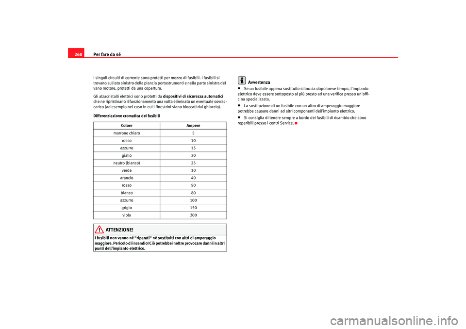 Seat Altea 2008 Manuale del proprietario (in Italian) Per fare da sé
260I singoli circuiti di corrente sono prote tti per mezzo di fusibili. I fusibili si
trovano sul lato sinistro della plancia po rtastrumenti e nella parte sinistra del
vano motore, Seat Altea 2008 Manuale del proprietario (in Italian) Per fare da sé
260I singoli circuiti di corrente sono prote tti per mezzo di fusibili. I fusibili si
trovano sul lato sinistro della plancia po rtastrumenti e nella parte sinistra del
vano motore,